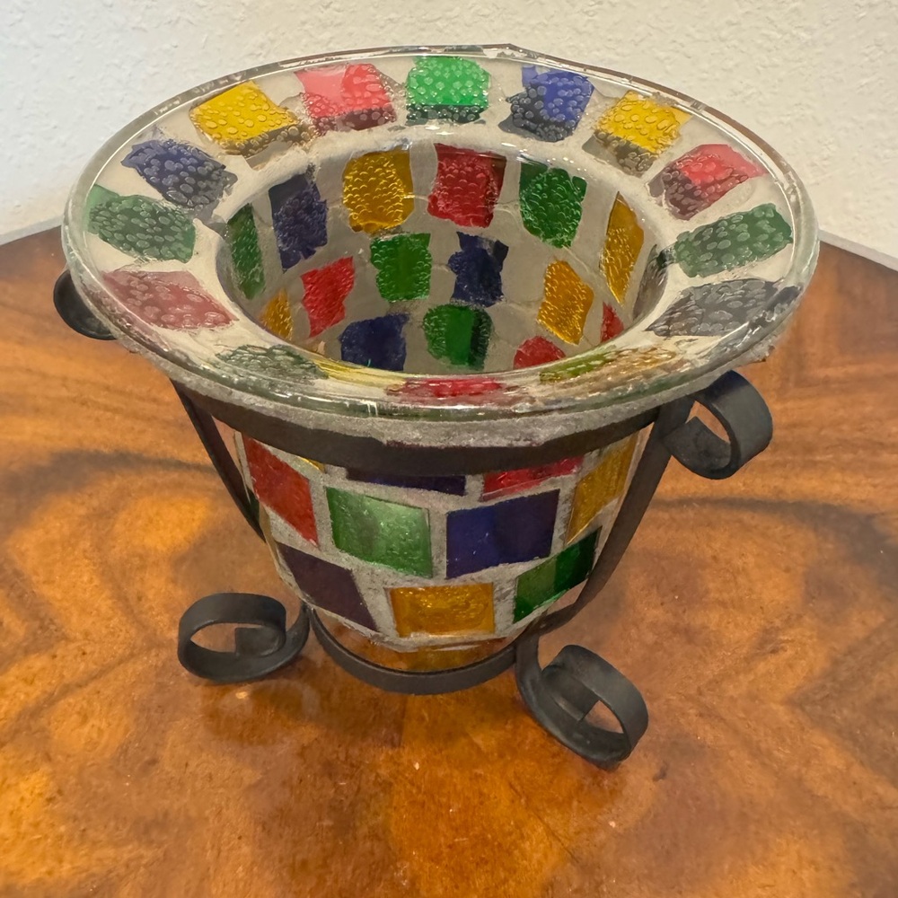 Stained Glass Mosaic Candle Holder With Iron Stand 1970’s Era - Picture 3 of 8